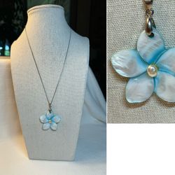 Mother of Pearl Plumeria Flower Pendant with Center Real Pearl on a 925 Italian Box Chain Necklace.