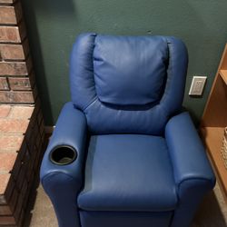 Vinyl Kids Recliner with Cup Holder, Headrest, and Safety Recline, Contemporary Reclining Chair for Kids, Supports up to 90 lbs., Blue