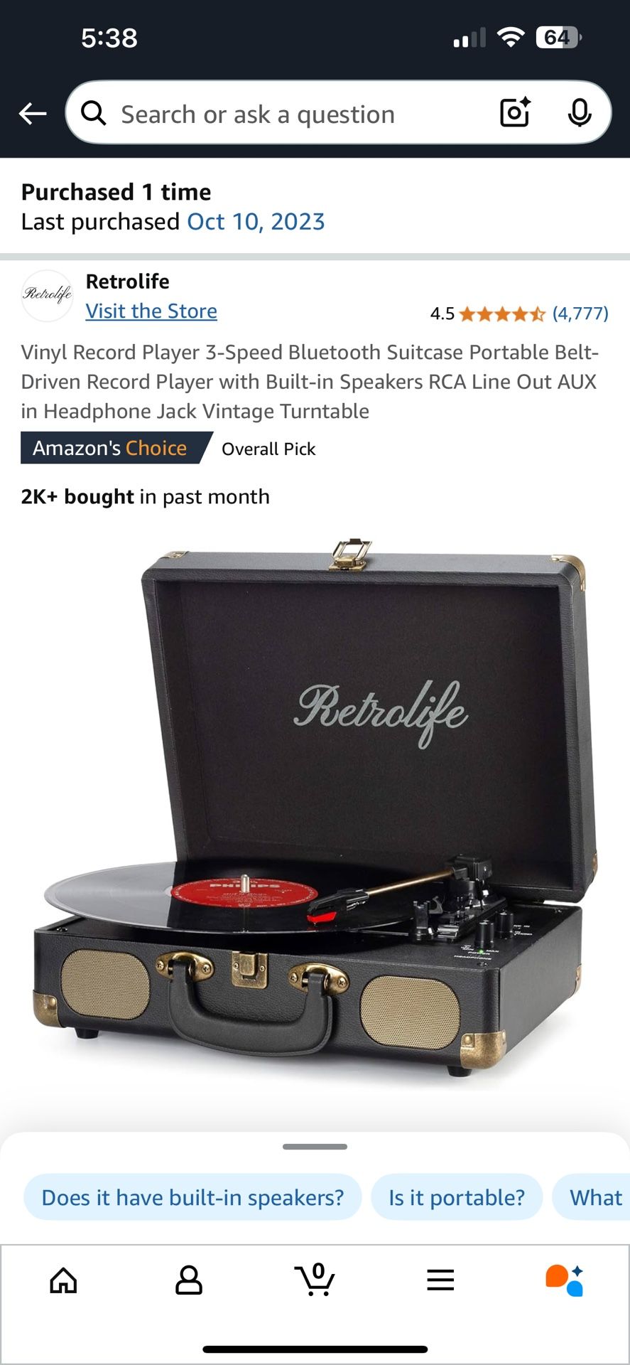 Retrolife Vinyl Player with Record Stabilizer