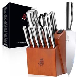 TUO Knife Block Set with Sharpener, 16 Pcs Knife Set for Kitchen, Razor Sharp High Carbon Stainless Steel Blades and Ergonomic Handle
