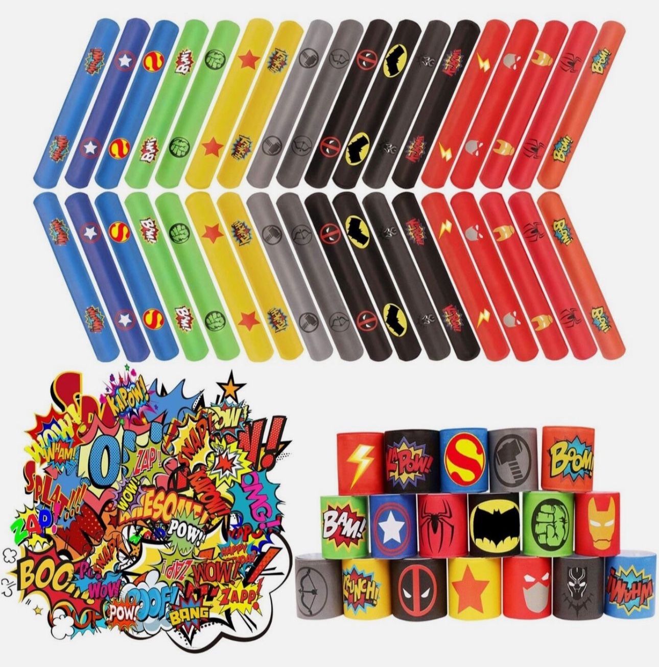 88Pcs Superhero Slap Bracelet w/ Superhero Stickers for Kids Boys & Girls
