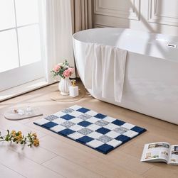 24X16 Checkered Bath Mat Navy Blue