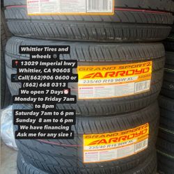 SET OF NEW TIRES, 235/40R19 ARROYO GRAND SPORT XL, INCLUDING MOUNTING AND BALANCING. ASK ME FOR ANY SIZE OR BRAND, LLANTAS NUEVAS