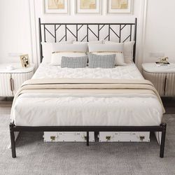 Full Size Platform Bed Frame with Vintage Headboard, 14 Inches Metal Mattress Foundation for Storage, No Box Spring Needed, Easy Assembly, Modern, Bla
