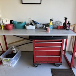 red Tool cabinet + table + extra cart + tools and supplies perfect for any garage car enthusiast   This is a super sale and includes any of those expe