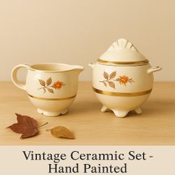 Vintage Ceramic Cream & Sugar Set – Hand Painted Floral Gold Trim