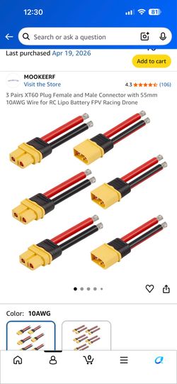 3 Pairs XT60 Plug Female and Male Connector with 55mm 10AWG Wire for RC Lipo Battery FPV Racing Dr