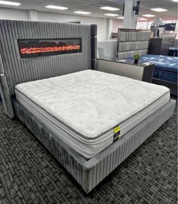 NEW Grey King & Queen Size Platform Bed Frame Fireplace Display in Headboard Bluetooth Speakers