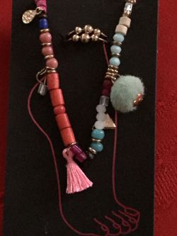 Boho Funky Anklet Ankle Bracelet Toe Ring Set Tassel Beads Pink Turquoise Beach Barefoot $5 BN77