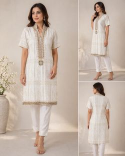 Elegant White Hand Embroidered Kurta – Formal / Festive Wear