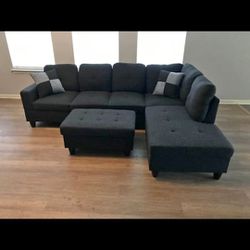 New Dark Grey Sectional With Ottoman 