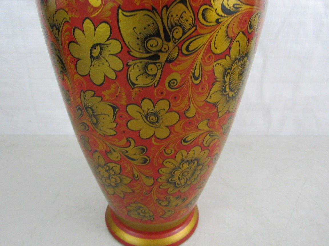Russian Khokhloma? Wooden Folk Art Vase Hand-Painted 11 3/4" Tall



