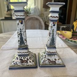 Pair of Williams Sonoma Nazari Hand-Painted Candlestick Holders Made in Portugal