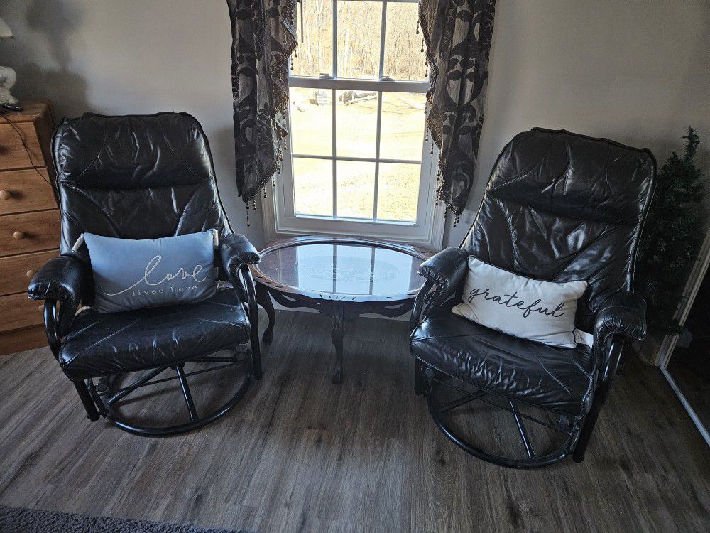 Set Of Two Leather Rocker Swivel Chairs