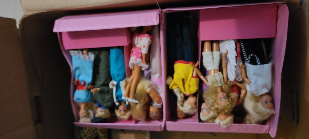 Assorted Box Of Barbies, Clothes, Car, Furniture And Accessories.