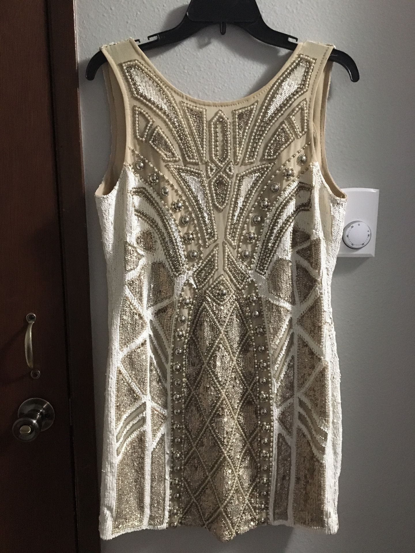 White and gold designer cocktail dress, size 8