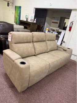 Fabric sofa with two recliners and six USB ports- Greymel