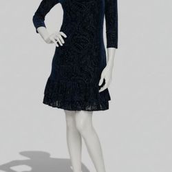 🎉 Tommy Hilfiger Women's Blue Velvet Burnout Paisley Print Shift Dress Size: 16