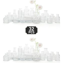 Glass Bud Vase Set of 32 - Clear Bud Vases in Bulk, Small Vases for Flowers, Cute Vases for Centerpieces, Mini Vintage Vase for Rustic Wedding Decorat