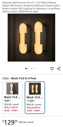Alabaster Wall Sconces Set of 2, 13.8" Black Natural Marble Wall Sconce, Hardwired Bathroom Vanity Lights, Modern Indoor Wall Lighting for Bedroom, Li