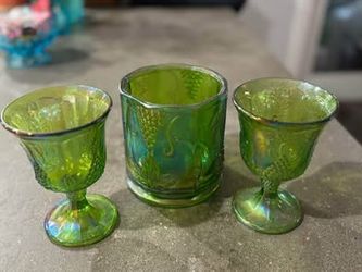 Indian green carnival glass, 2 harvest grape goblet and candy dish in new condition