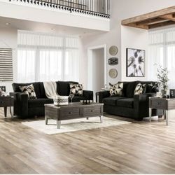 Brand New Plush Black Chenille Sofa & Loveseat (Pillows Included)