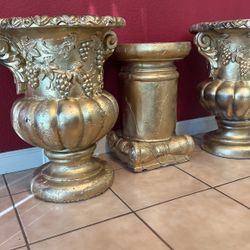 2 Big Golden Clay Pot/Planters / Vase With Pedestal Stand