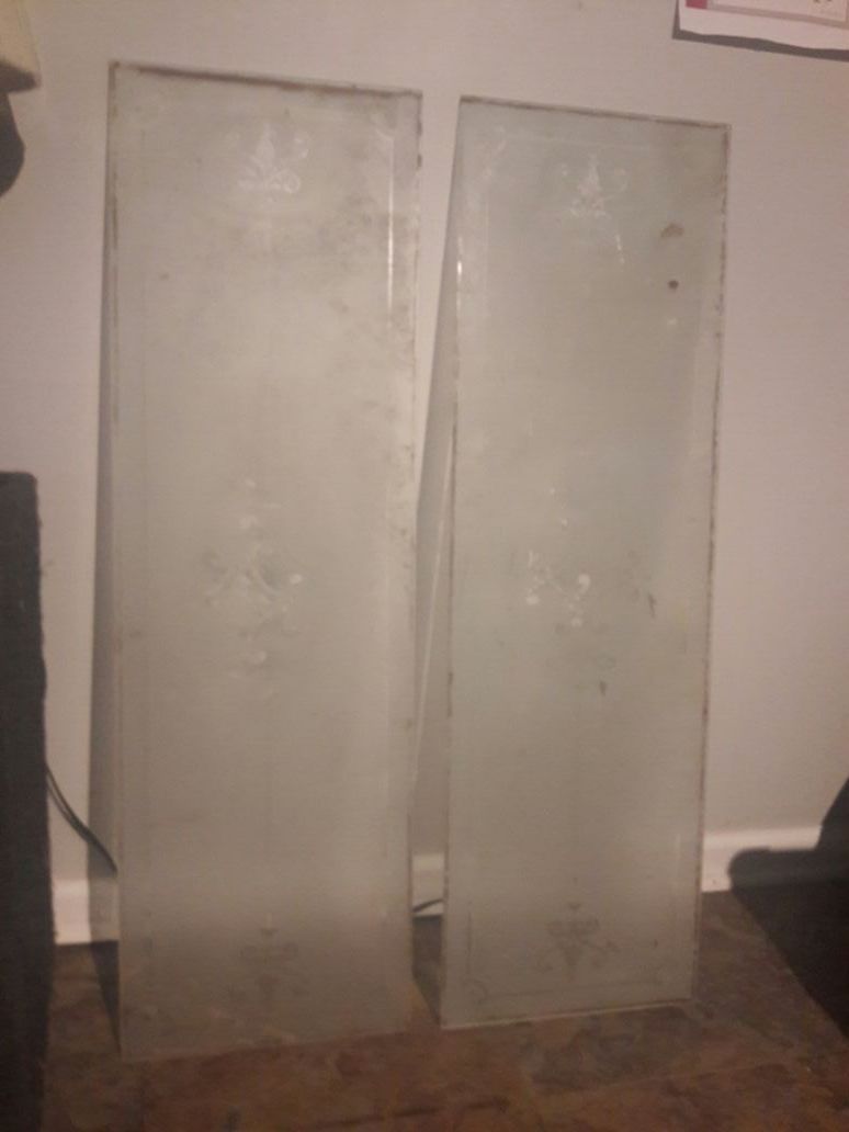 2 antique frosted glass panes w design