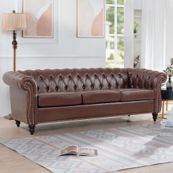 w68035342/84.65" Dark Brown PU Rolled Arm Chesterfield Three Seater Sofa