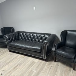 Black Tufted Leather Sofa Set