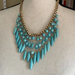 Turquoise Color Bead Gold Tone Chain Collar Necklace Fashion Jewelry Statement