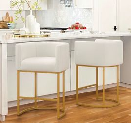 Set of 2 Cream & Gold Counter Stools – 27” Upholstered Barrel Back