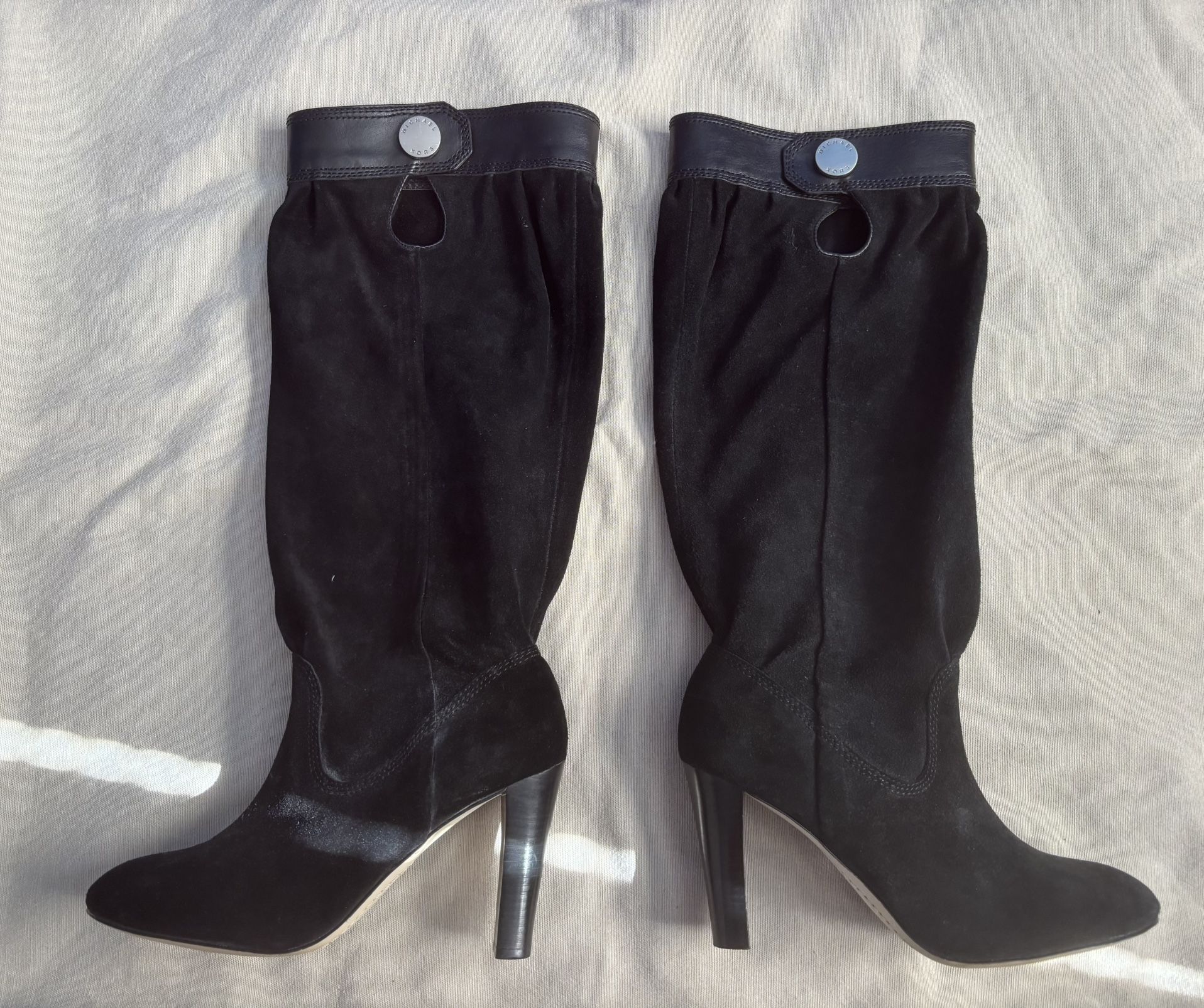 Michael Kors Black Suede Slouch Knee High Heel Women Boots Size 8M