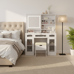 Homy Casa Kiruna 41" Modern Vanity Table Set with Sliding LED Mirror and Charging Station, White