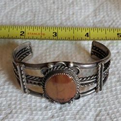 Vintage Navajo Solid Silver Bracelet With Coral Stone