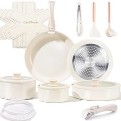 19 PCS Pots and Pans Set Ceramic Nonstick Cookware Set CREAM WHITE Oven Safe Detachable
