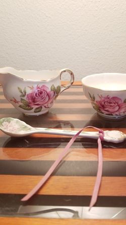 Sugar bowl, creamer & spoon