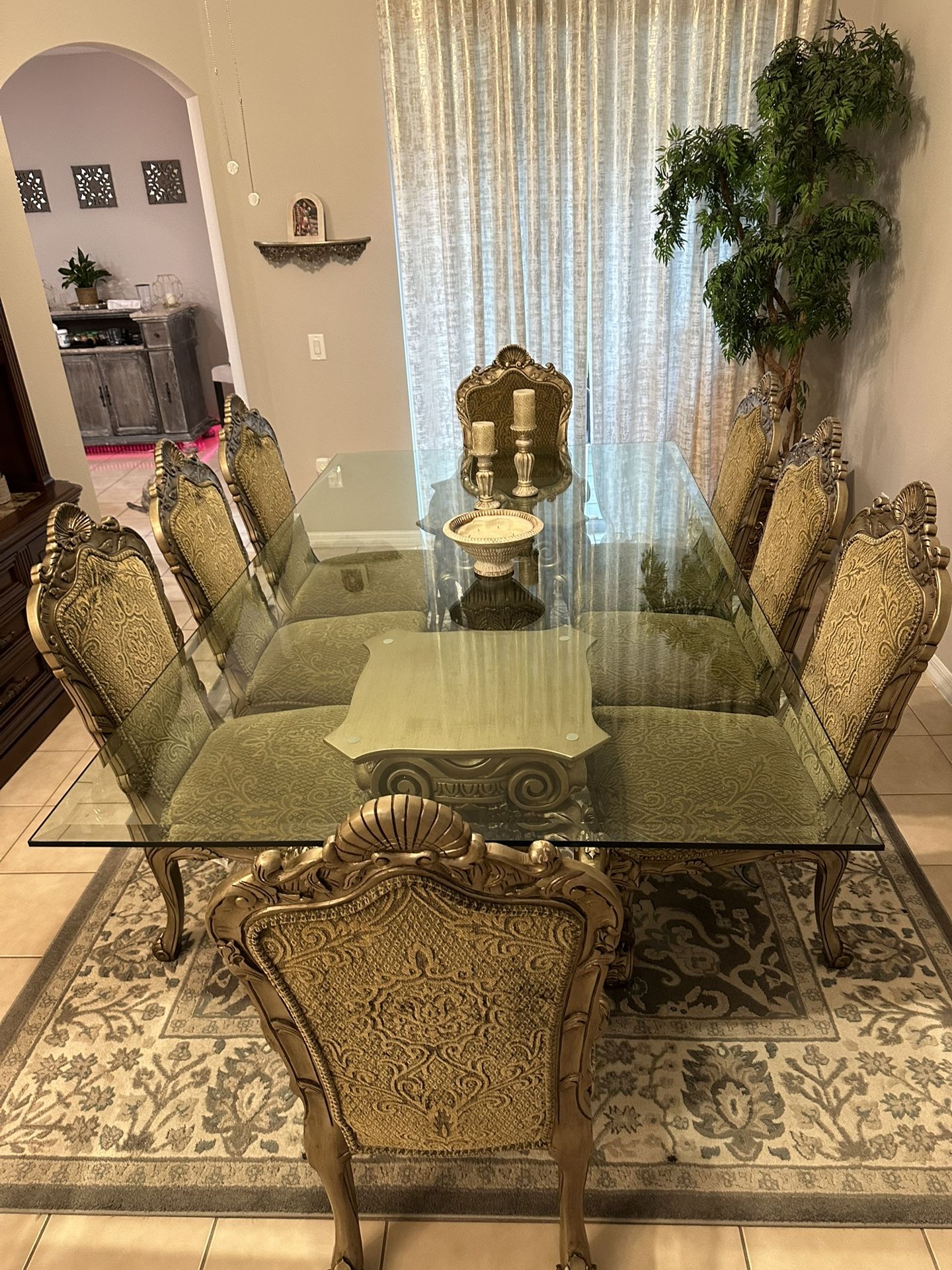 Elegant 9ft Glass Top Dining Table Set – Ornate Carved Design