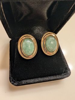 Vintage Oval Jade Bezel Set Stud Earrings 14k Gold Omega Closures