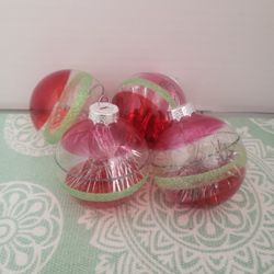 Vintage Glass Ornaments Clear, Red With Green Glittery Stripes, Tinsel inside 4 PC  Xmas G