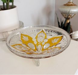🌿 Gorgeous mid century amber cut to clear crystal candy bowl. Perfect for fall/boho decor!