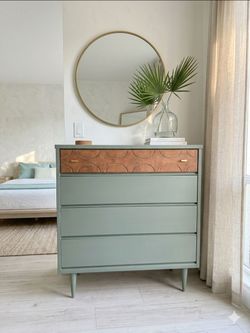 Bassett Mid Century Modern Dresser | Sage Green + Wood Detail