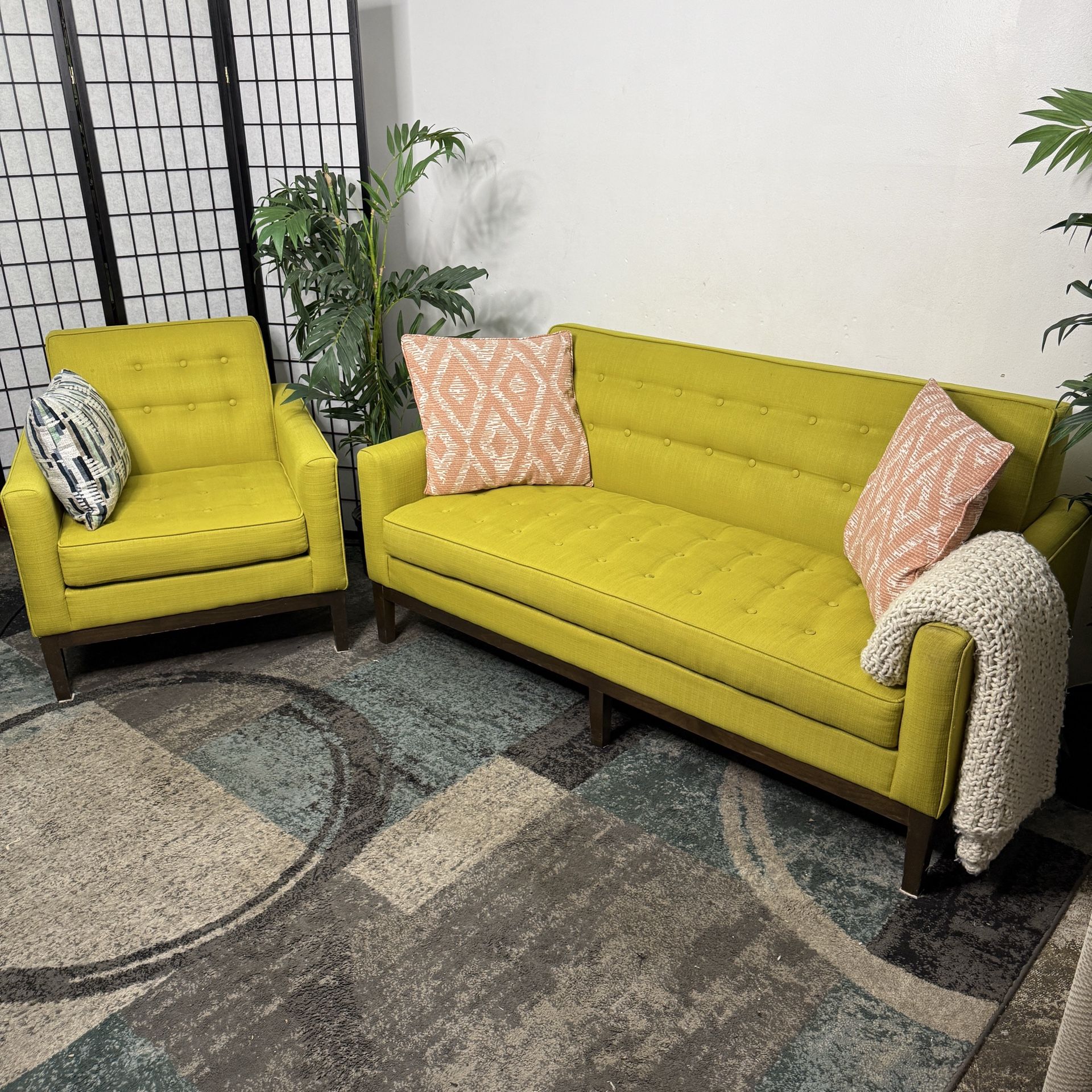 MCM Couch Set Free Delivery Green Tufted Sofa and Armchair