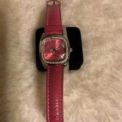 PEUGEOT Quartz Stainless Steel Watch With Pink Leather Band/Diamonds Around The Face