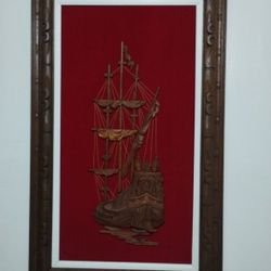 VINTAGE BALTIK SCROLL CARVED SHIP - SAILBOAT PALACE ART CO 39""×24"