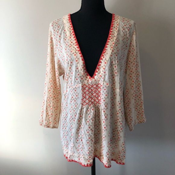 Womens Eddie Bauer Cream and Red V-Neck Tunic Top size L