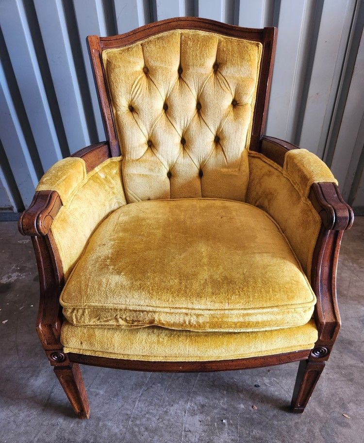 Vintage MCM Tufted Cushion Velvet/ Velour Gold, Wood Arm Chair