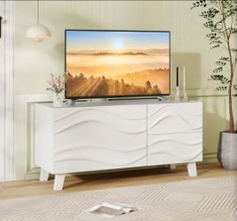 Small TV Stand for TVs up to 44", White Sideboard Buffet Cabinet w/Storage & Drawers, Modern TV Console Table w/Wavy Pattern Design, Elegant Entertain