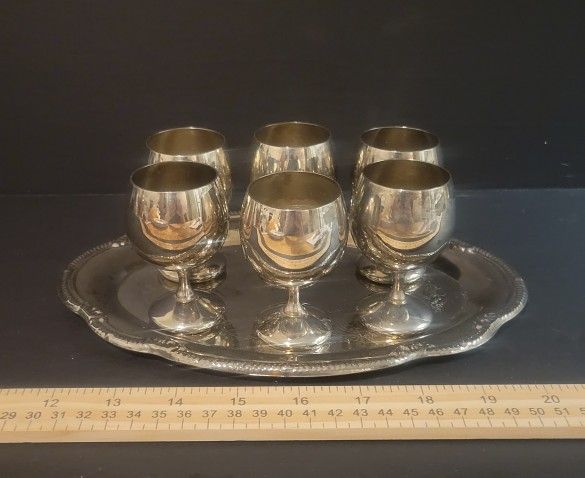 Six Silver Plated Goblets With Tray (Vintage)