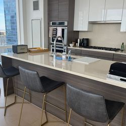 West Elm Jack Leather Bar Stools (Metal Frame – Brass Finish)